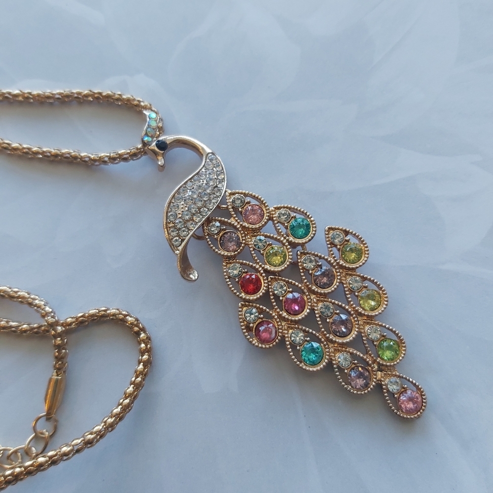 Peacock Crystal Necklace : Long Chain